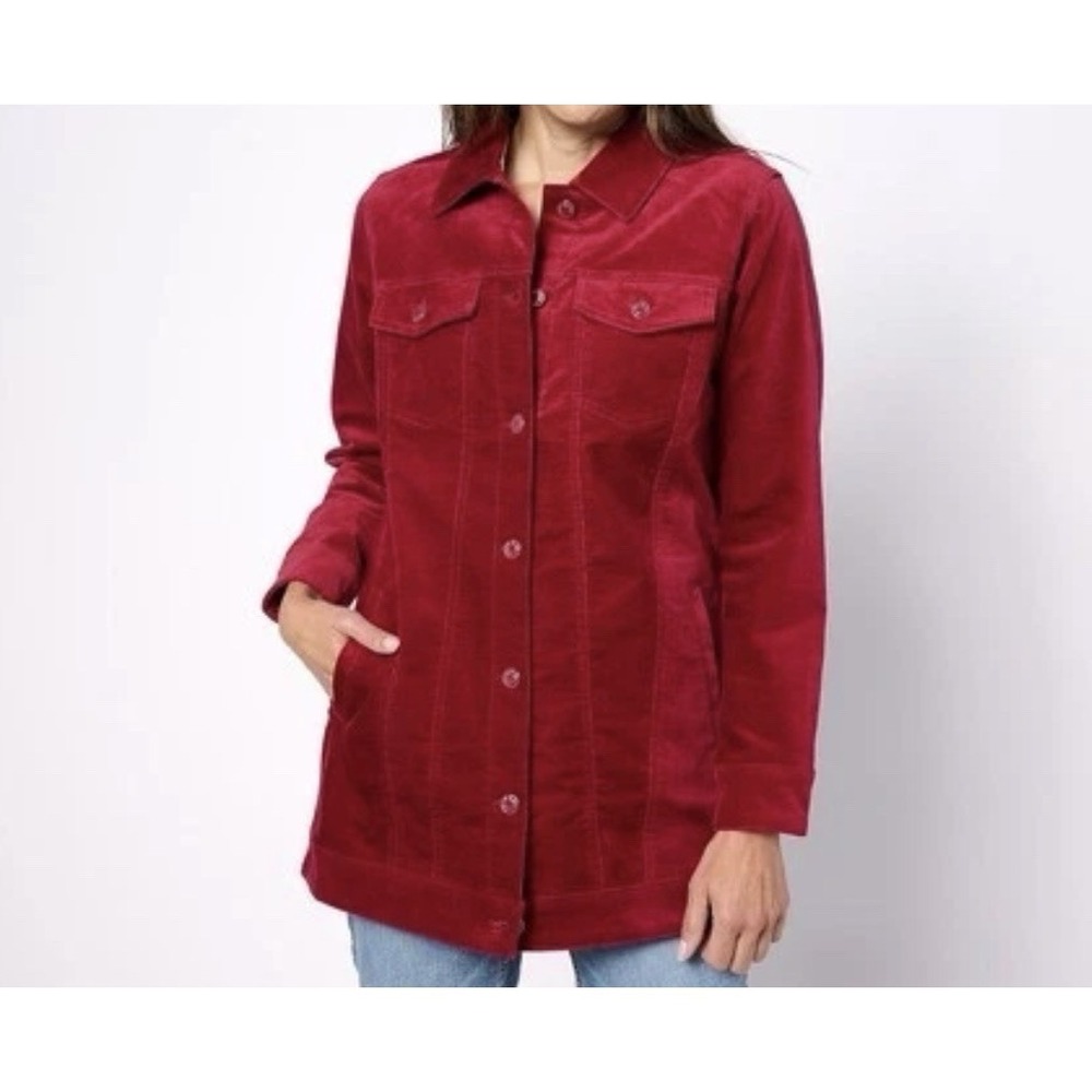 Denim & Co. Regular Stretch Velveteen Long Jacket Cranberry XL New